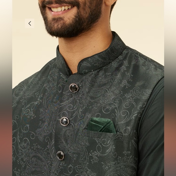 Manyavar Steel Grey/Green Bel Buti Patterned Kurta Jacket Set - Picture 2 of 10